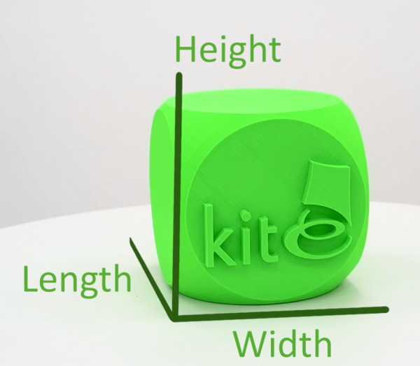 the same green cube now also labelled with height dimensions for finding the right box size